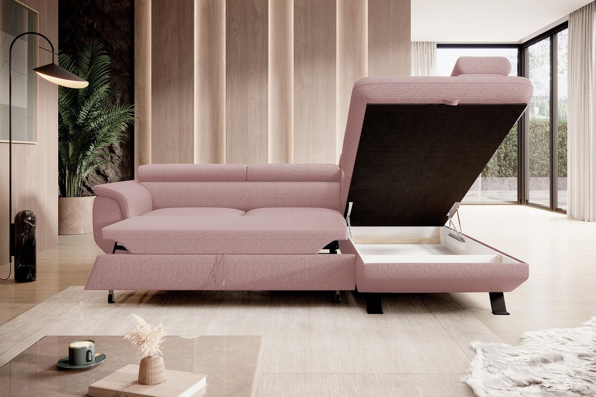 ECKSOFA Raven L mit Schlaffunktion und Bettkasten, Freistehend, Polstersofa mit Verstellbaren Kopfstützen, 257x198x96 cm – Rechte, Puderrosa - Rosa, Holz/Textil (256/198cm) - DomoHome