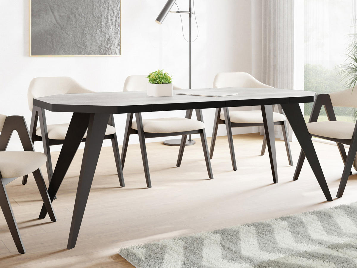 ESSTISCH Diamond Black achteckiger ausziehbarer, Grauer Beton 100-200/100/76 cm - Hellgrau/Schwarz, Holz/Holzwerkstoff (100/200/77cm) - WFL GROUP