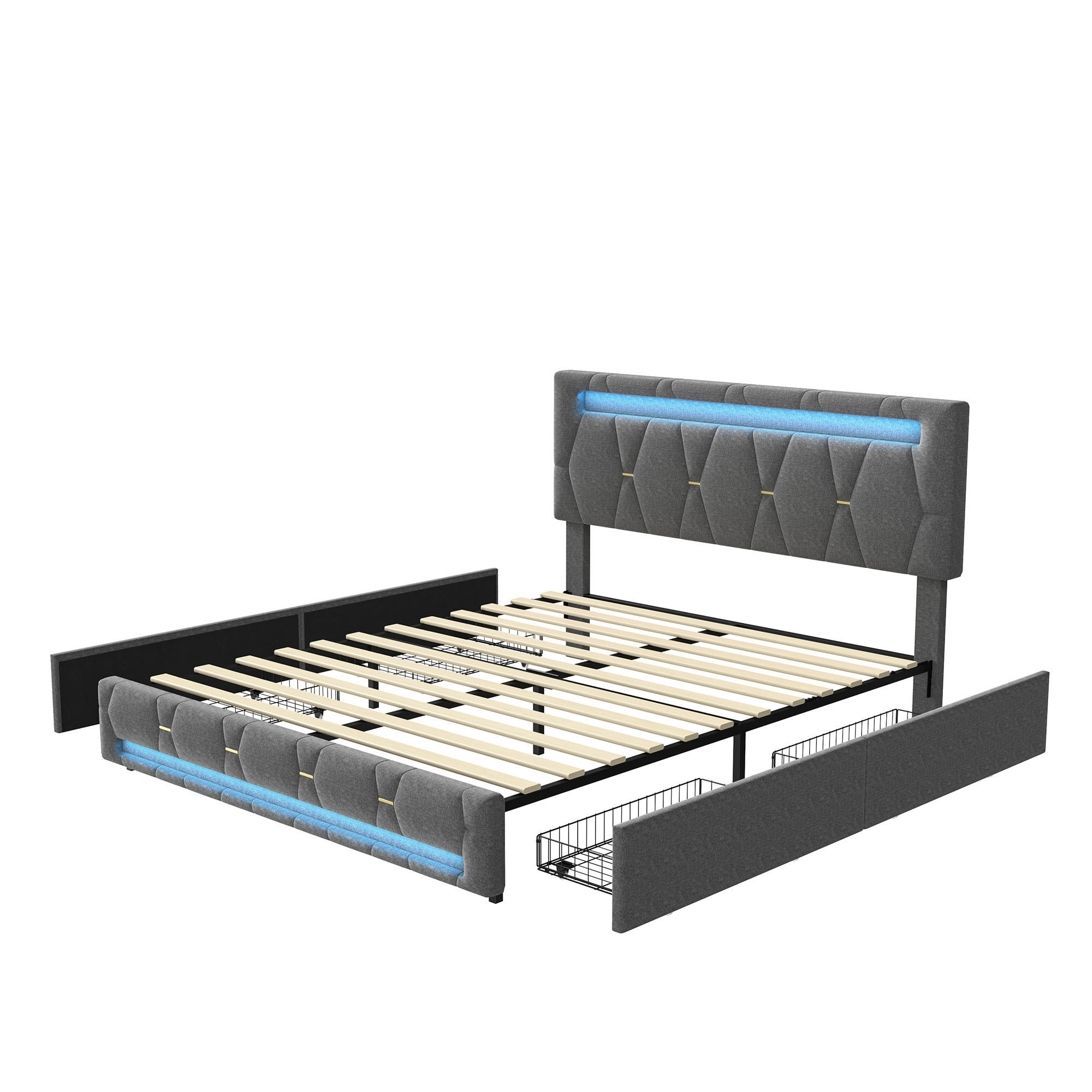 POLSTERBETT 160x200 cm grau LED 4 Schubladen Kopfteil Stauraum - Grau, Metall (160/200cm)