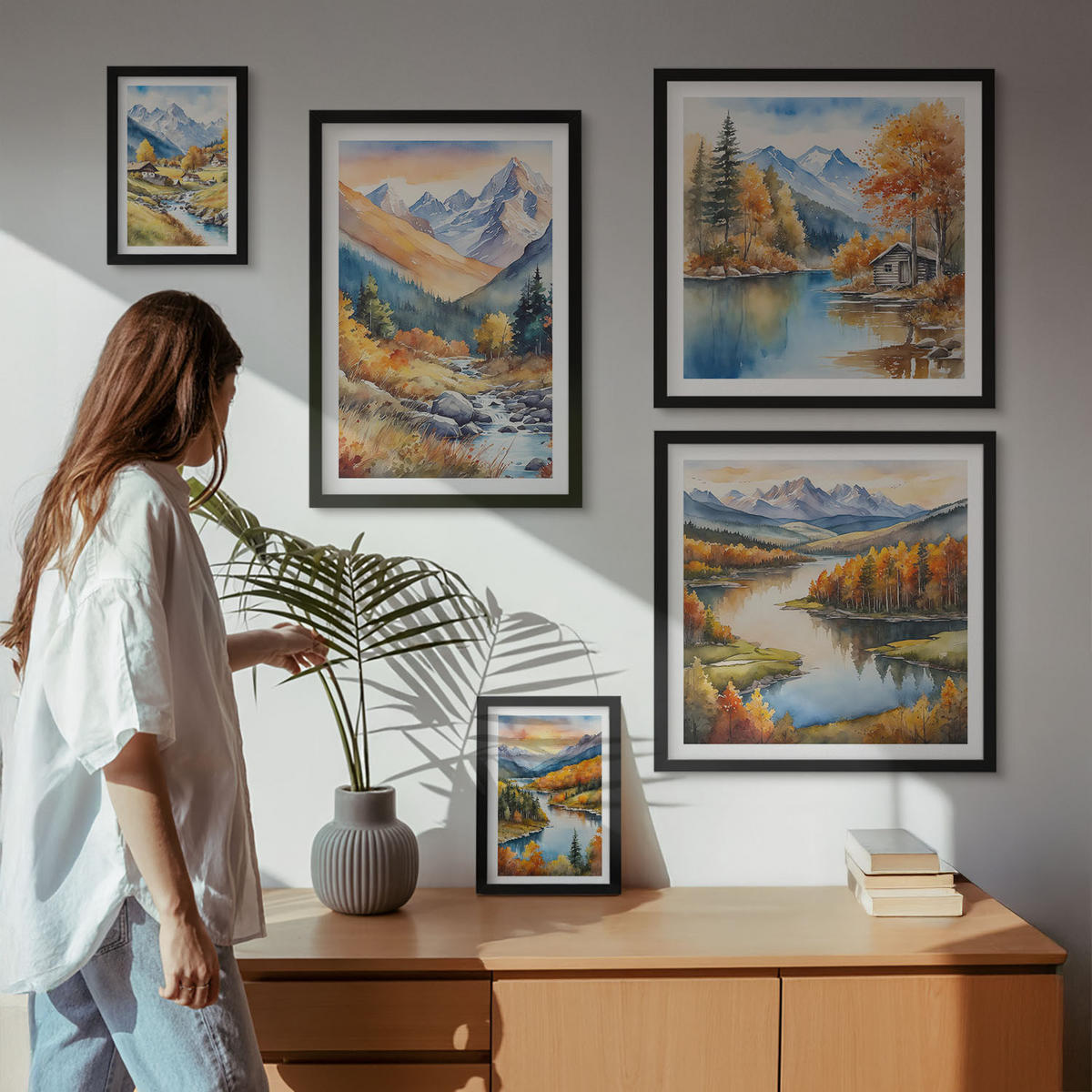 WANDBILDER 5er-Set - 50x50 cm & 20x30 cm & 40x60 cm Schwarzer Rahmen - Berglandschaft, Flusshütten - Schwarz, Kunststoff (40/60cm) - ArtPrintCave