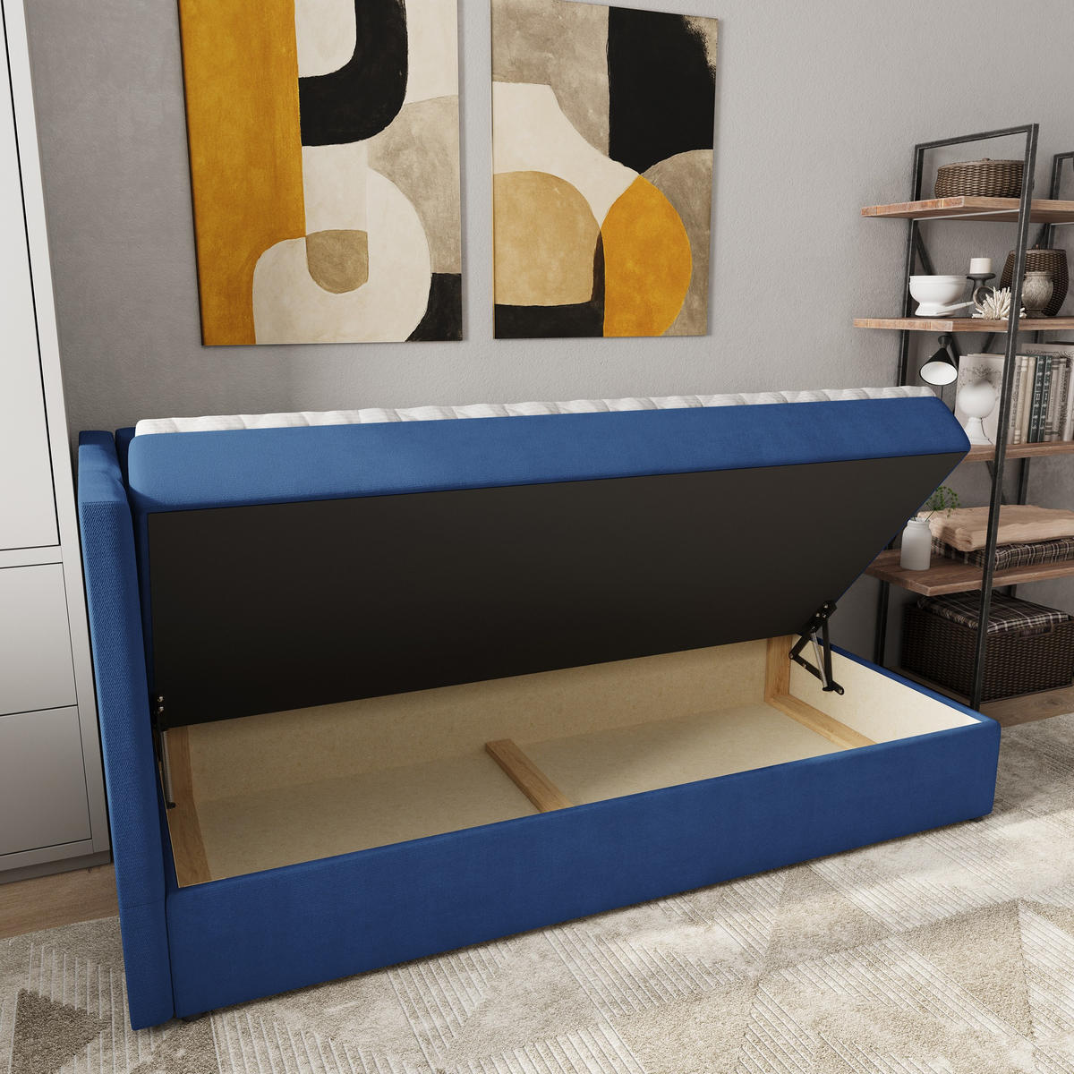 BOXBETT BEVE 100x200 cm mit Matratze und Topper, H2+H3 - Blau - Blau, Holz (100/200cm) - MASSENO