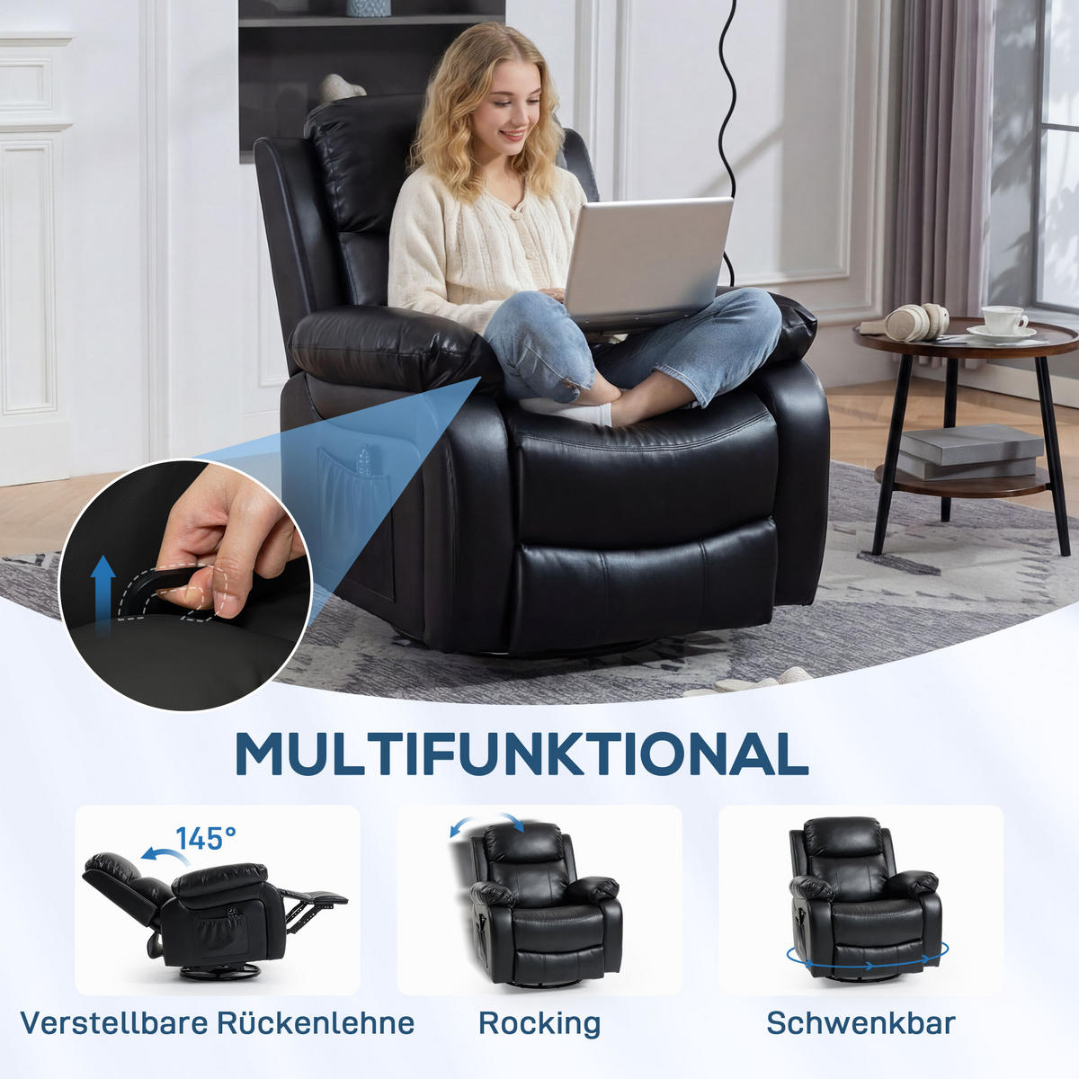 MASSAGESESSEL DE-06428 8 Vibrationsköpfe & verstellbare Lehne Schwarz - Schwarz, Metall (92/100/98cm) - ComfortXL