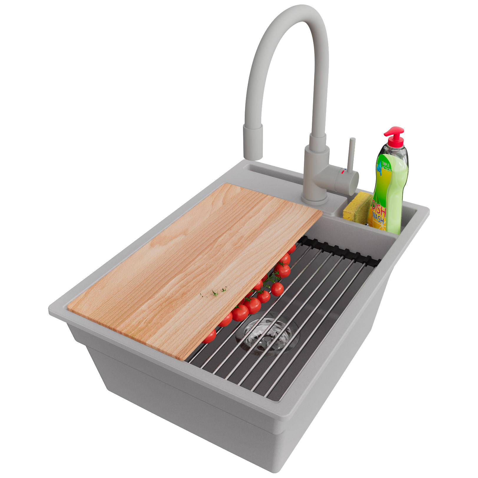 GRANITSPÜLE Oslo Pocket, 2-er set Grau 38/53 cm 1 Becken + Küchenarmatur 38/14 cm + Ablauf-Set + Küchenzubehörset ab 40er Unterschrank - Chromfarben/Beige, Kunststoff (38/20/53cm) - Primagran