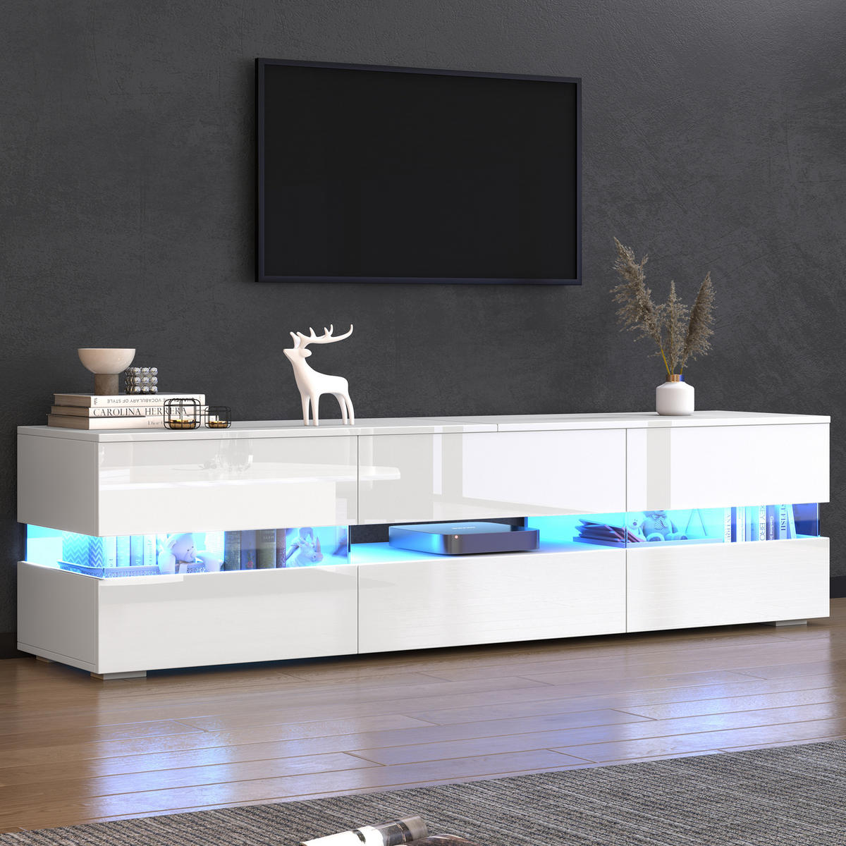 LOWBOARD 160/39/45 cm aus Spanplatte mit LED-Beleuchtung und Drucköffnung Weiß - Weiß, Holzwerkstoff (160/45/39cm) - Modenvie