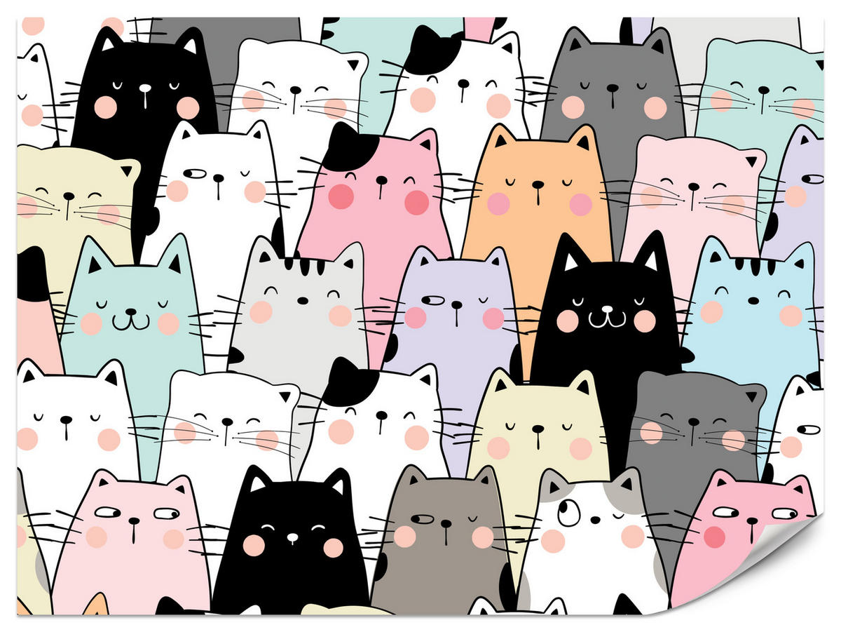 FOTOTAPETE für Kinderzimmer Bunte Katzen Cartoon Abstraktion 250x175 - Blau/Gelb, Papier (250/175cm) - Muralo