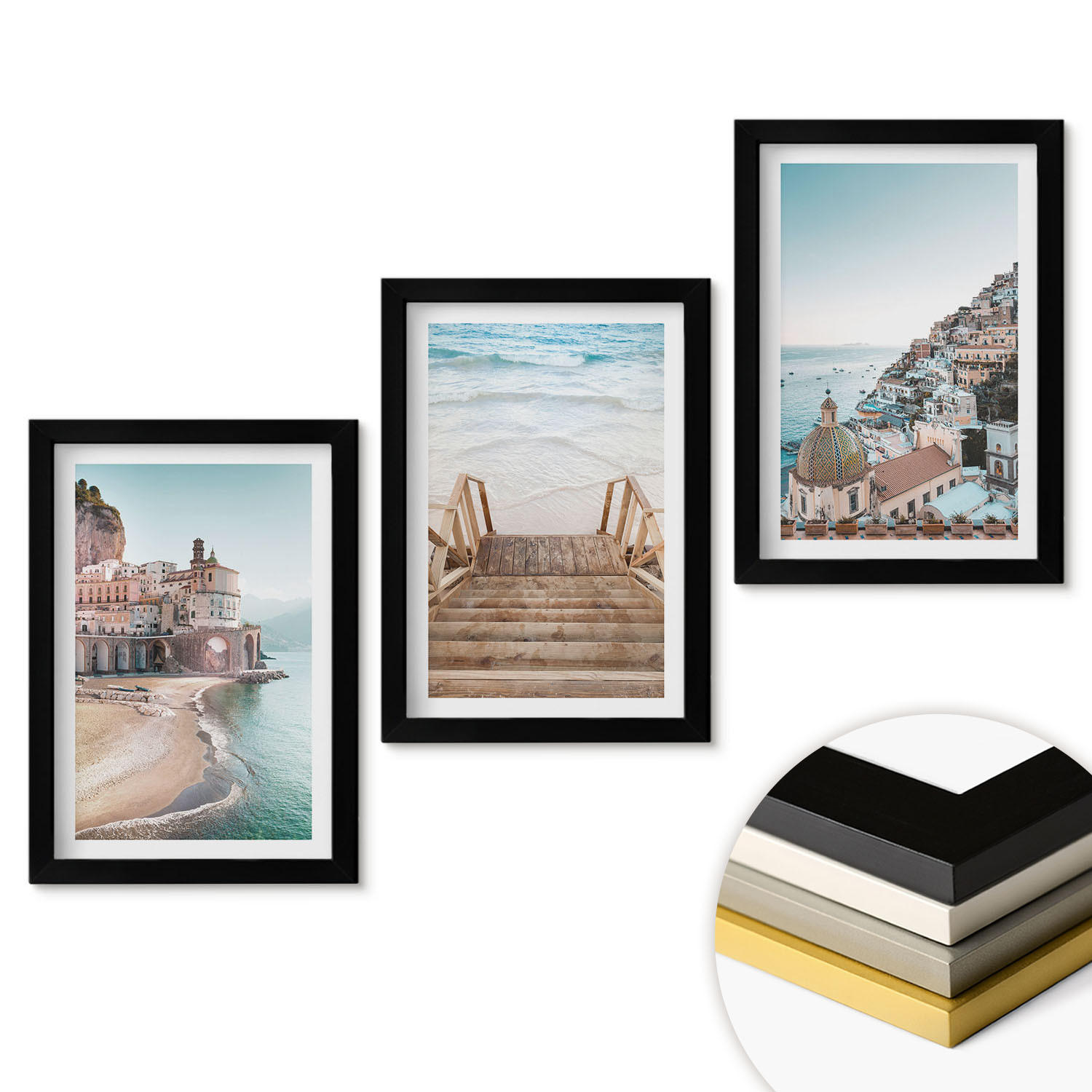 WANDBILDER 3er-Set - 20x30 cm Schwarzer Rahmen - Sommerliche Strandansichten in Pastellfarben - Schwarz, Kunststoff (20/30cm) - ArtPrintCave