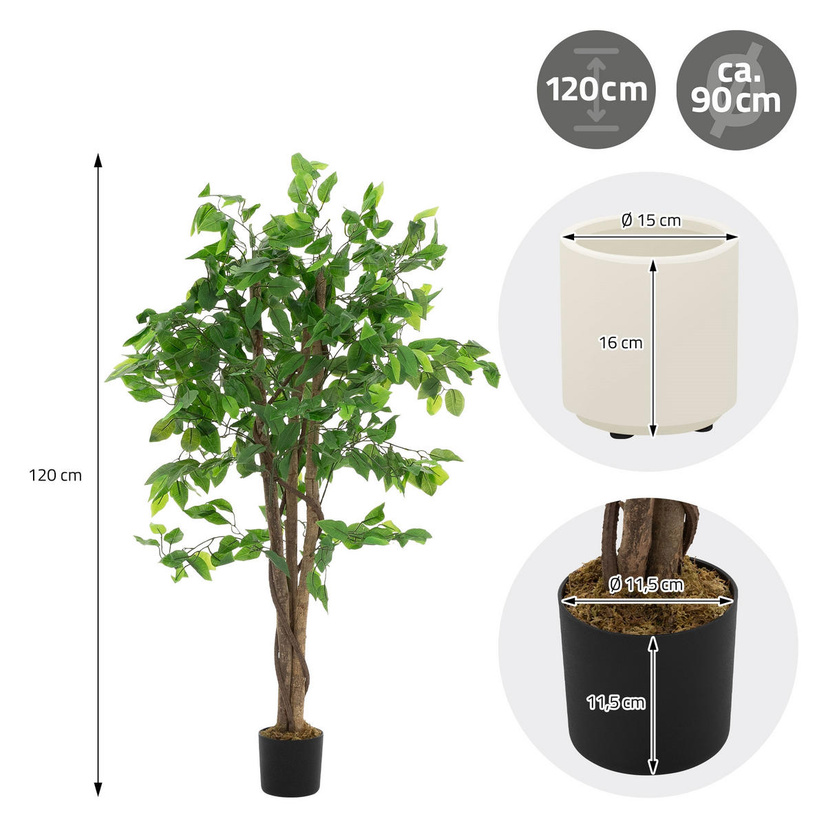 KUNSTPFLANZE Ficus 120 cm mit Naturholzstamm für Innen/Außen - Schwarz/Grün, Kunststoff/Textil (120cm) - ML-DESIGN