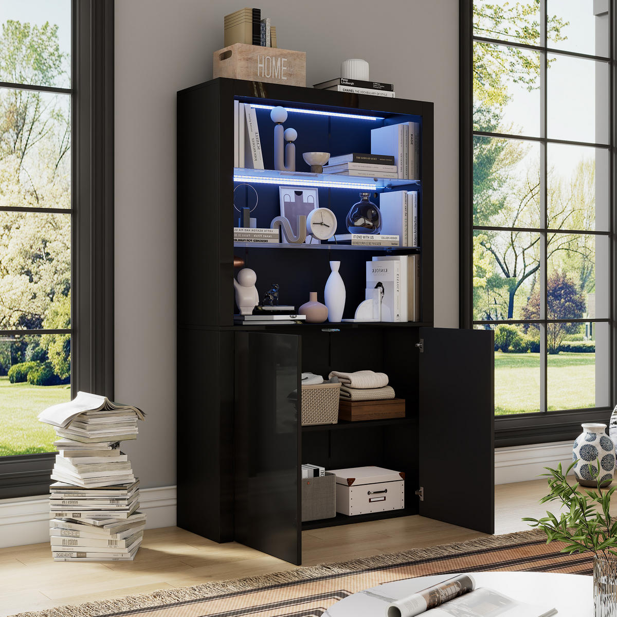 VITRINE Hochglanz LED Glasböden Highboard Schwarz - Schwarz, Glas (100/170/35cm) - FLIEKS