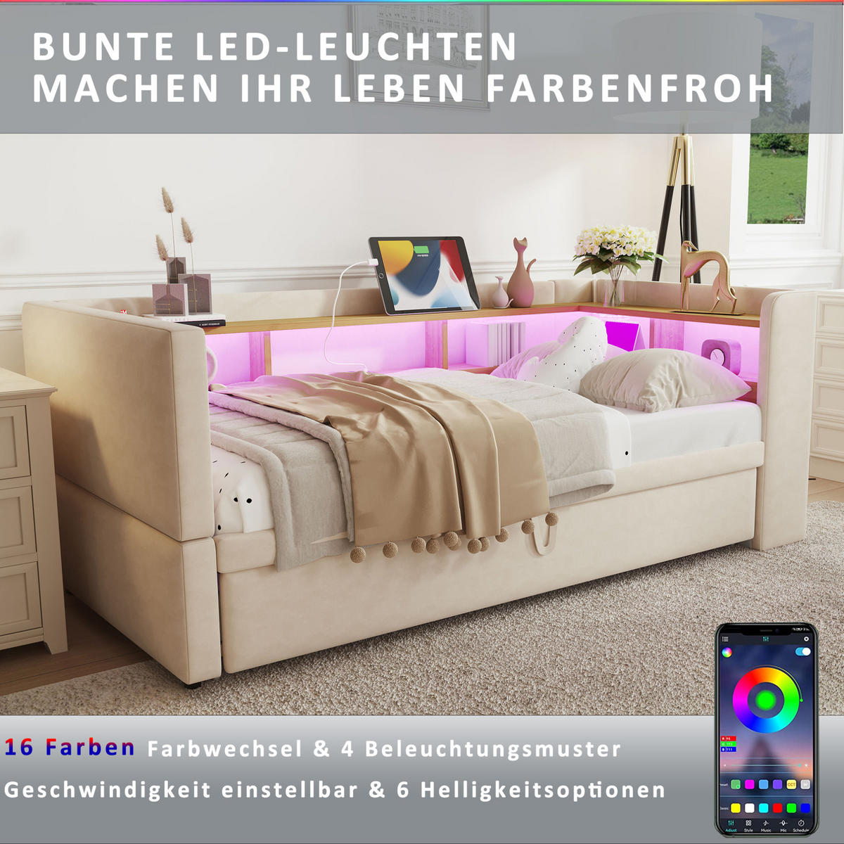 POLSTERBETT 90/180×190 cm Beige mit LED-Beleuchtung und Ablagefächern - Beige, Textil (90/190cm) - Flora Grace