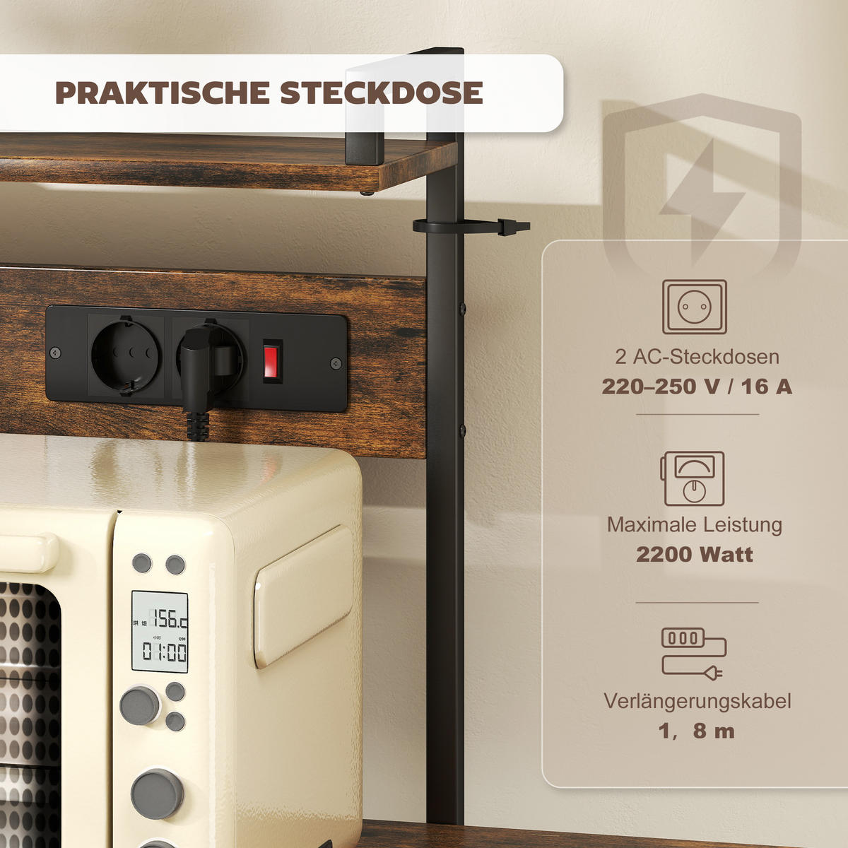 KÜCHENREGAL Standregal mit 2 Steckdosen 5 S-Haken 5 Ablagen Bäckerregal - Braun, Holzwerkstoff (42/130/90cm) - HOMCOM