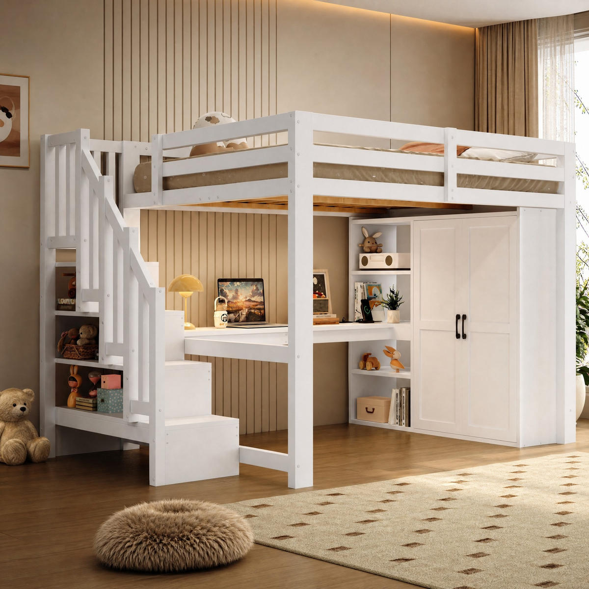 HOCHBETT 140/200 mit Schreibtisch, USB, LED und Kleiderschrank in Weiß - Weiß, Holzwerkstoff (140/200cm) - EVRYAE
