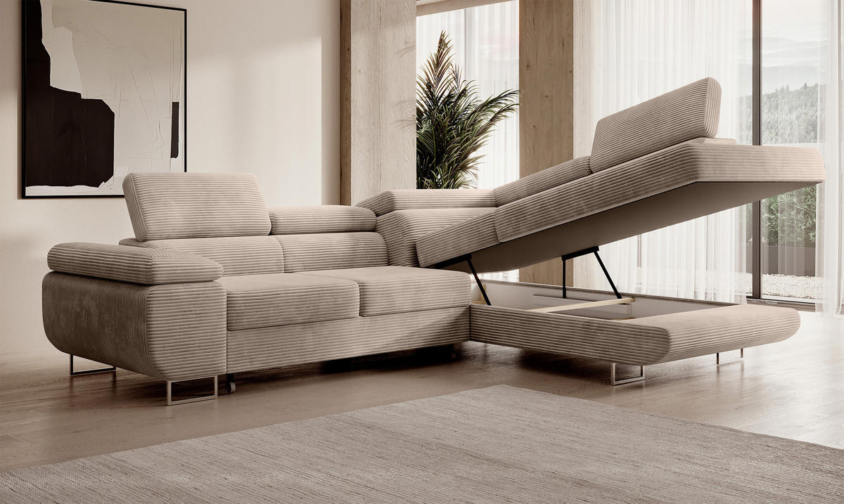 ECKSOFA Stevil Dunkelbeige Cordbezug - Silberfarben/Mokka, Textil/Metall (275/203cm) - Selsey
