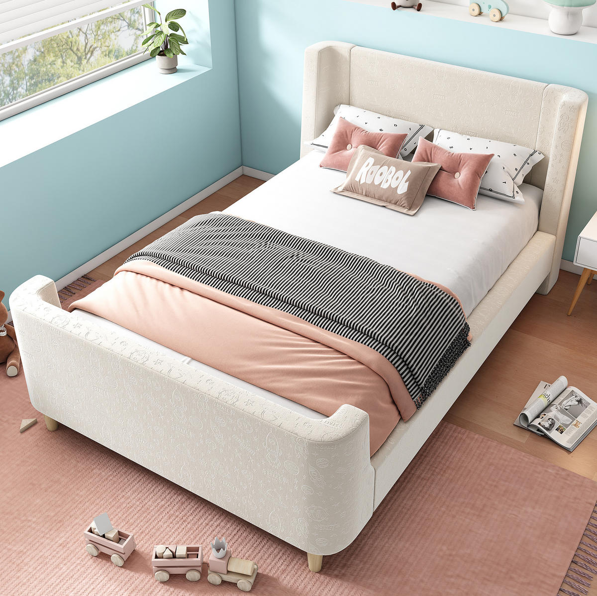 KINDERBETT 90/200 cm aus Samt mit Weltraummuster Beige - Beige, Textil (90/200cm) - Modenvie