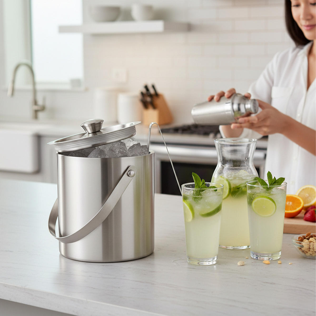 EISEIMER Silber Edelstahl 1,5 l mit Eiszange - Silberfarben, Metall (13/17cm) - Relaxdays