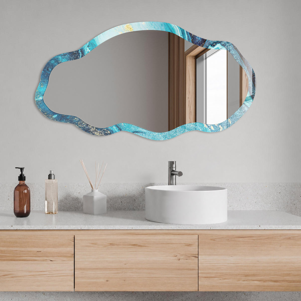 SPIEGEL 90x45 cm asymmetrisch mit Druck - Abstrakte Welle - Transparent, Glas (45/90/0.4cm) - TULUP