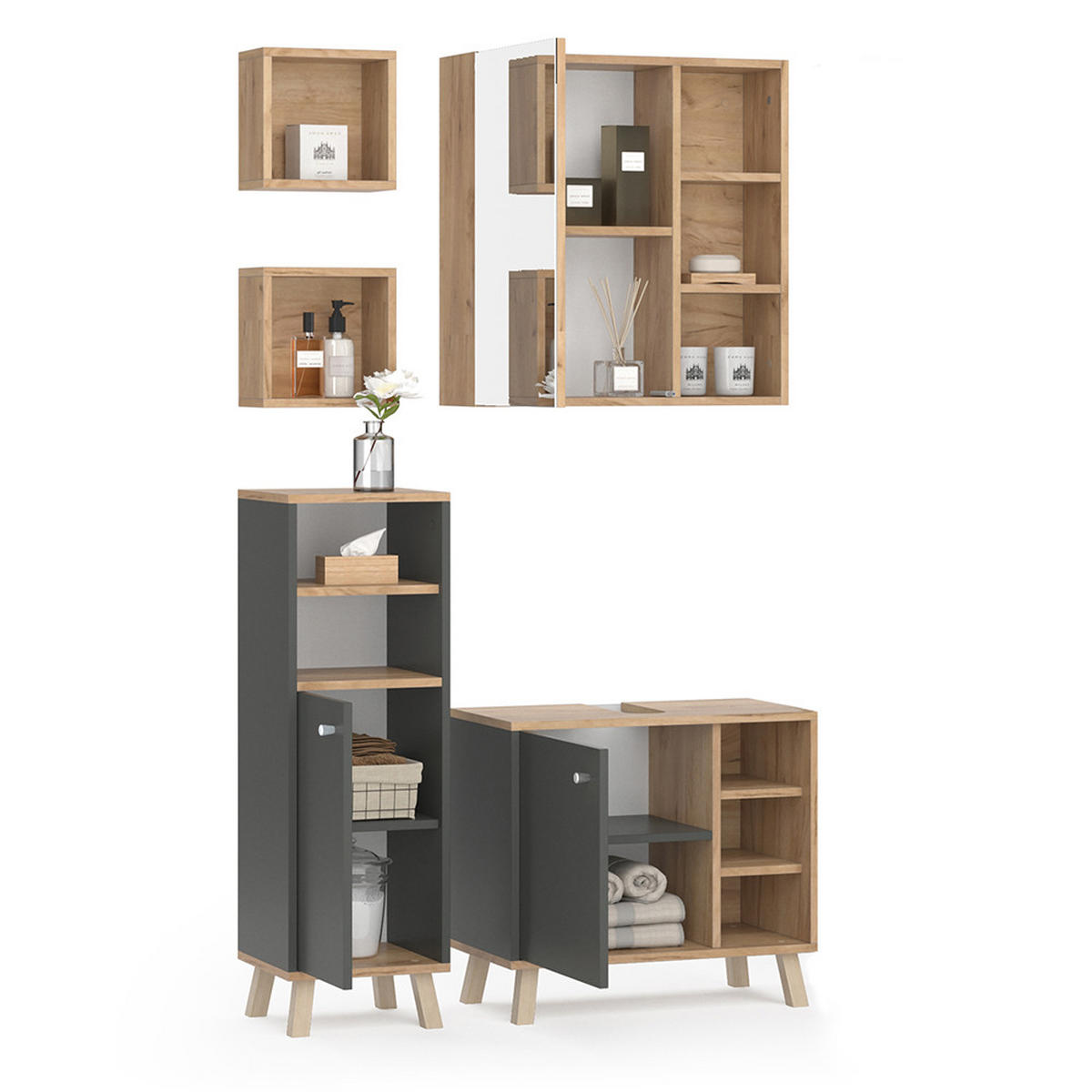 BADMÖBEL-SET Senyo Anthrazit 4 Teile, mit Hängeschrank - Honigeiche/Anthrazit, Holzwerkstoff (62/54/32cm) - Vicco