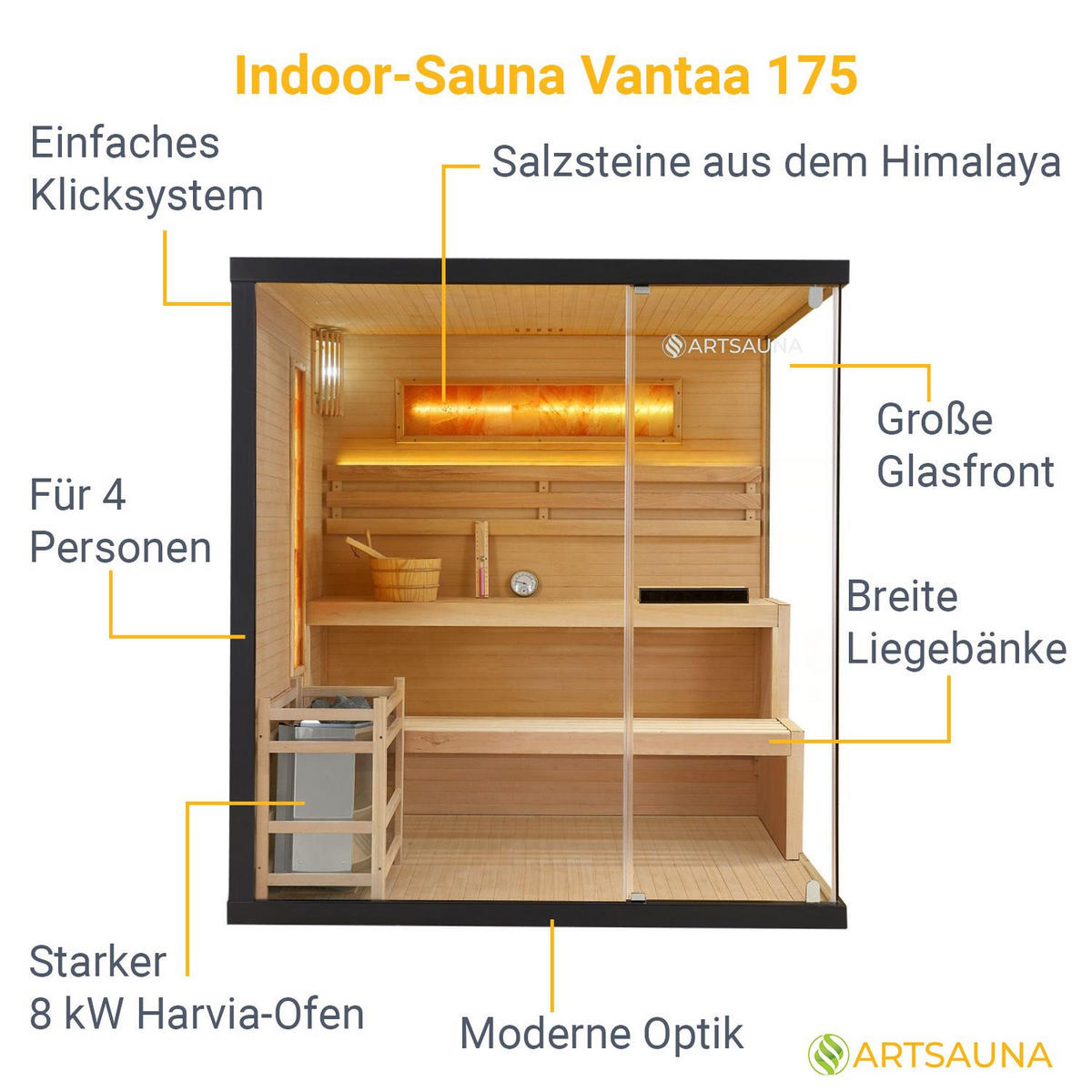 SAUNA Vantaa 175 x 140 cm mit 8 kW Saunaofen - Naturfarben, Holz (140/190/175cm) - Artsauna