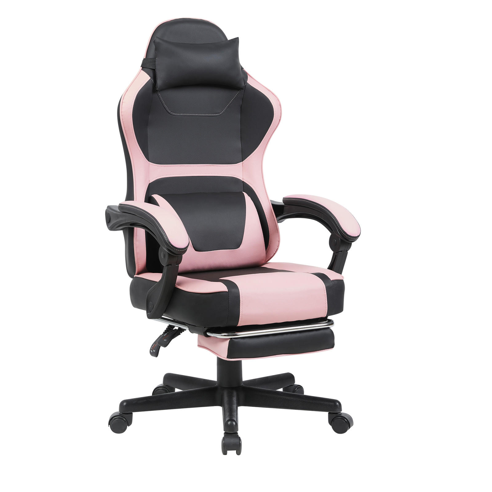 GAMING-STUHL schwarz-pink ergonomisch mit ausziehbarer Fußstütze, Nacken- und Lendenkissen, höhenverstellbar - Pink, Leder (54/116/61cm) - BRILVERDE