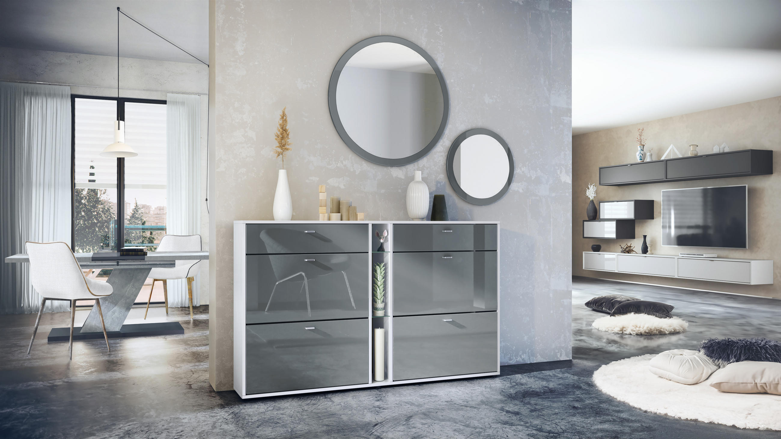 GARDEROBE Florence Grau Hochglanz - Grau, Holzwerkstoff (155.5/200/28cm) - Vladon