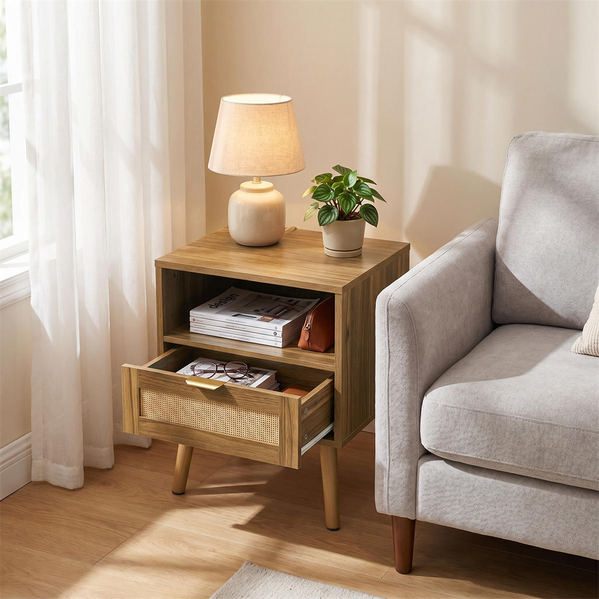 NACHTTISCH aus Rattan in Walnussoptik mit Goldgriff - offenem Regal und 1 Schublade - 45 x 40 x 55 cm - Walnussfarben, Holzwerkstoff (45/55/40cm) - DELFA