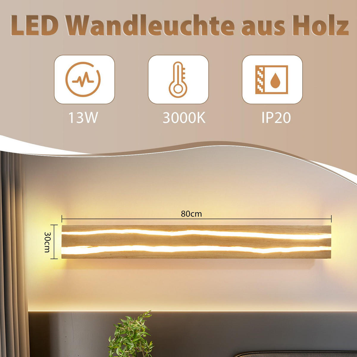 LED WANDLEUCHTE BURGESS Ⅲ 80/10/7 cm - Braun, Holz (10/7/80cm) - Nettlife