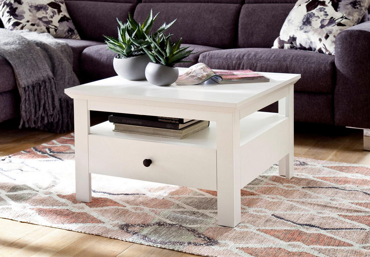 COUCHTISCH weiß matt 70 x 70 cm, Wohnzimmertisch Landhausstil mit Schublade - Silberfarben/Weiß, Holzwerkstoff/Metall (70/70/45cm) - Top.Furn