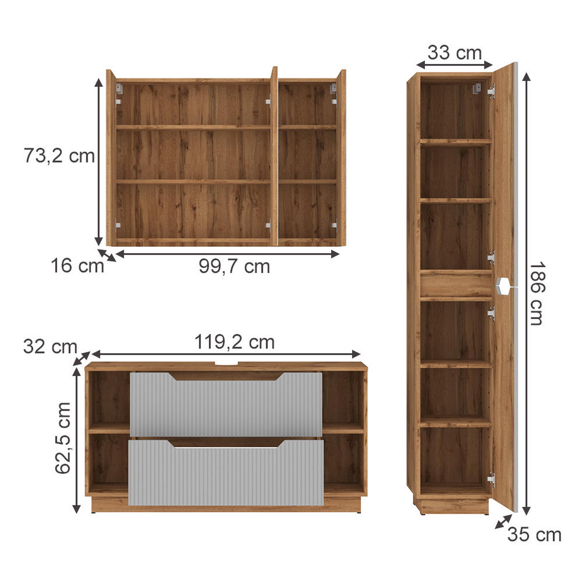 KOUPELNOVÝ NÁBYTEK Lotta Dubový/šedý pruhovaný - šedá, kompozitní dřevo (119.2/62.5/35cm) - Vicco