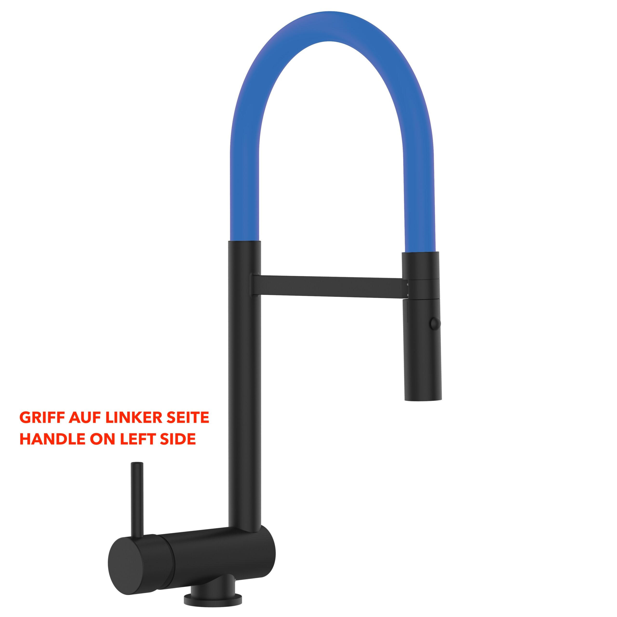 VORFENSTER-KÜCHENARMATUR, Umklappbar 6 CM, Schwarz Matt und Blau, 2-Strahl-Brause, LINKER HEBEL - Blau, Metall (21.3/48.2/21.3cm) - VIZIO