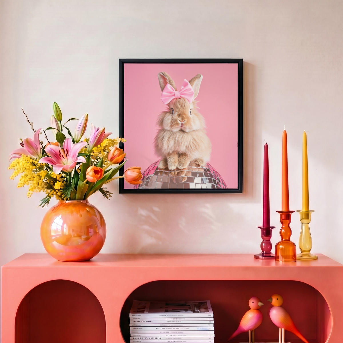 LEINWAND Bilder mit Rahmen - Schleife - Discoball - Kaninchen - 20x20 - Pink, Textil (20/20cm) - MuchoWow