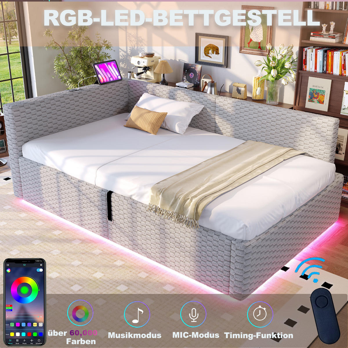 POLSTERBETT 90/200 cm Grau mit LED-Beleuchtung, USB-C-Anschluss und 2 USB-Anschlüssen - Grau, Textil (90/200cm) - Oxeza