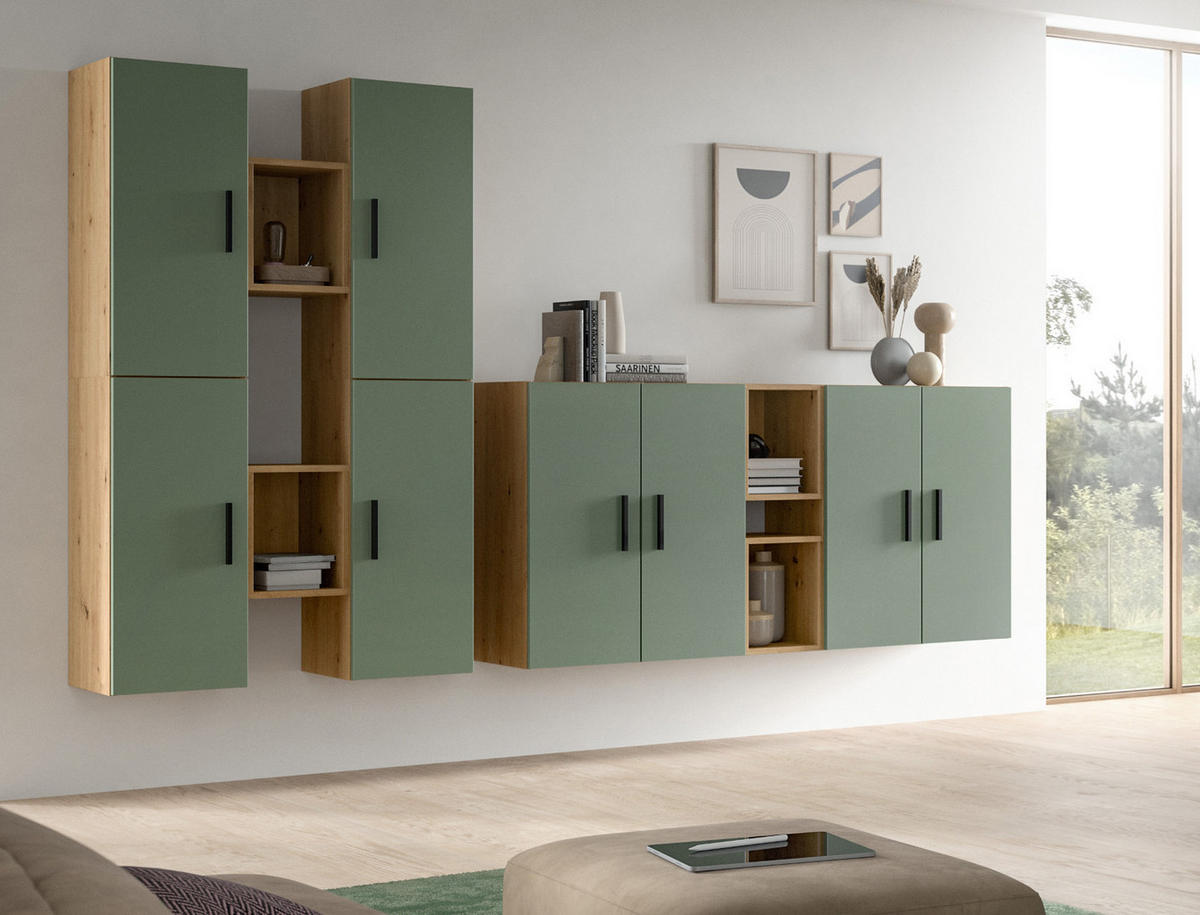WOHNWAND grün, Eiche Artisan 259 x 184 cm, Wohnkombination hängend / stehend - Schwarz/Eiche Artisan, Holzwerkstoff/Kunststoff (259/151/34cm) - Inn.Furn