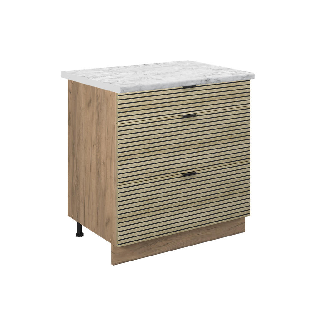 KÖKSUNDERSKÅP Fame-Line Ekpanel 80 cm med 3 lådor, AP marmor Ekfärgad, Honungsek 82/80/60 cm