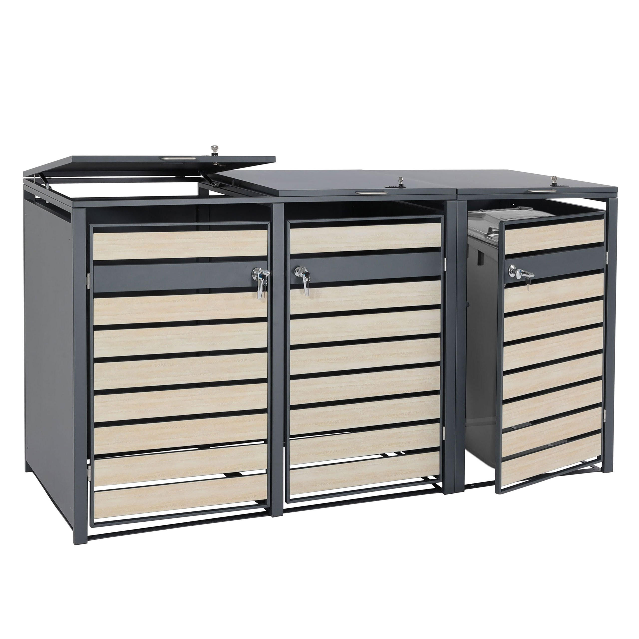 MÜLLTONNENBOX 3er 117x200x80cm Anthrazit Buche-Holzoptik Hellbraun - Hellbraun, Metall (200/117/80cm) - PROREGAL
