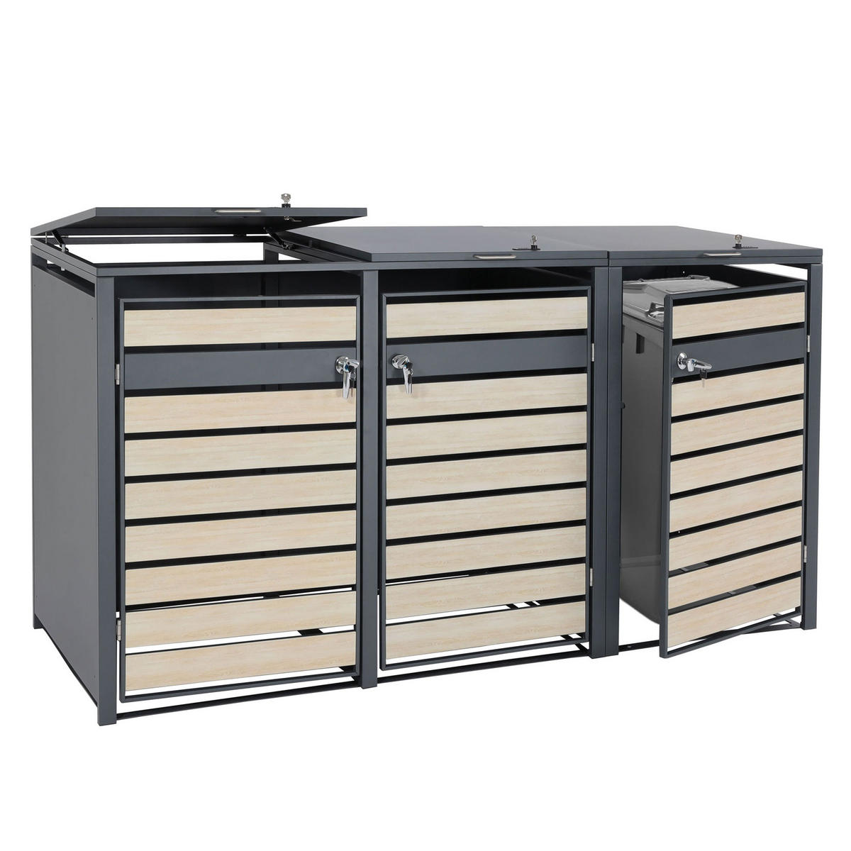 MÜLLTONNENBOX 3er 117x200x80cm Anthrazit Buche-Holzoptik Hellbraun - Hellbraun, Metall (200/117/80cm) - PROREGAL