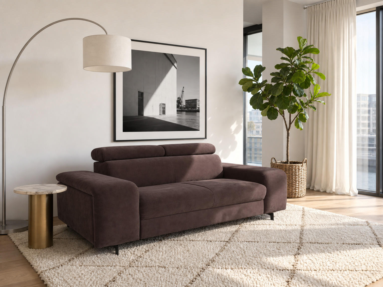2,5-SITZER Vaasa Flachgewebe Braun klappb. Kopfstützen 198/100/81 cm - Dunkelbraun, Kunststoff/Textil (198/81/70cm) - foamnova
