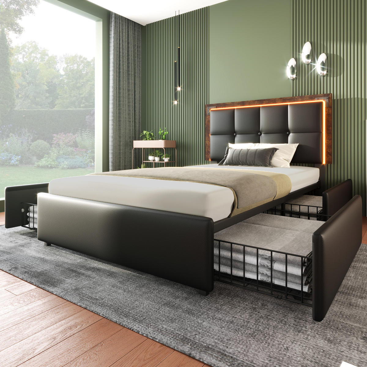 BETT mit LED und 4 Schubladen 90x200 cm PU Schwarz inkl. Matratze - Schwarz, Metall (90/200cm) - Meubliv