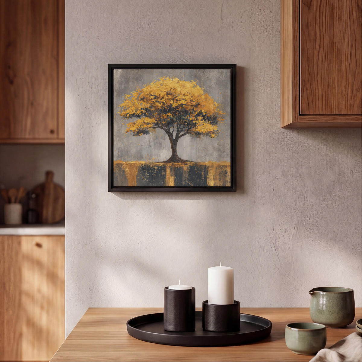 LEINWAND Bilder mit Rahmen - Baum - Blätter - Gold - Abstrakt - 20x20 - Grau, Textil (20/20cm) - MuchoWow