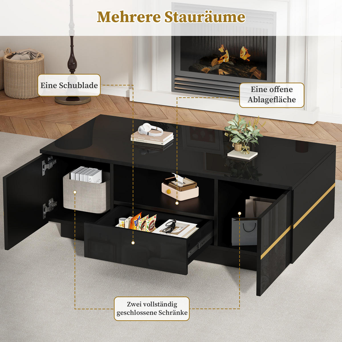 KLUB-STOLIĆ 100/50/35,5 cm s LED rasvjetom i prostor za pohranu u crnoj boji - boje oraha/crna, drvni materijal (50/100/35.5cm) - CHICFURN