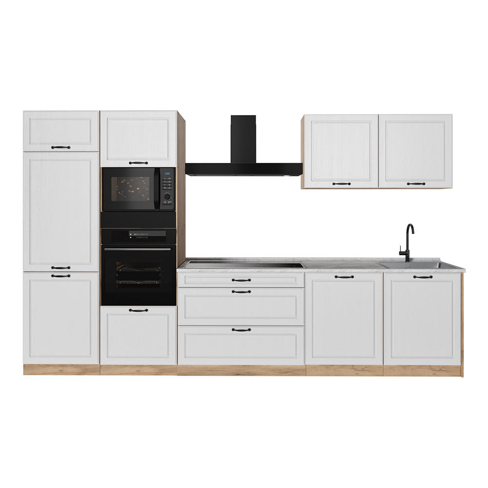 KÜCHENZEILE R-Line, Weiß Landhaus/Goldkraft Eiche, 340 cm Arbeitsplatte Marmor - Eichefarben/Weiß, Holzwerkstoff (340/206.8/60cm) - Vicco