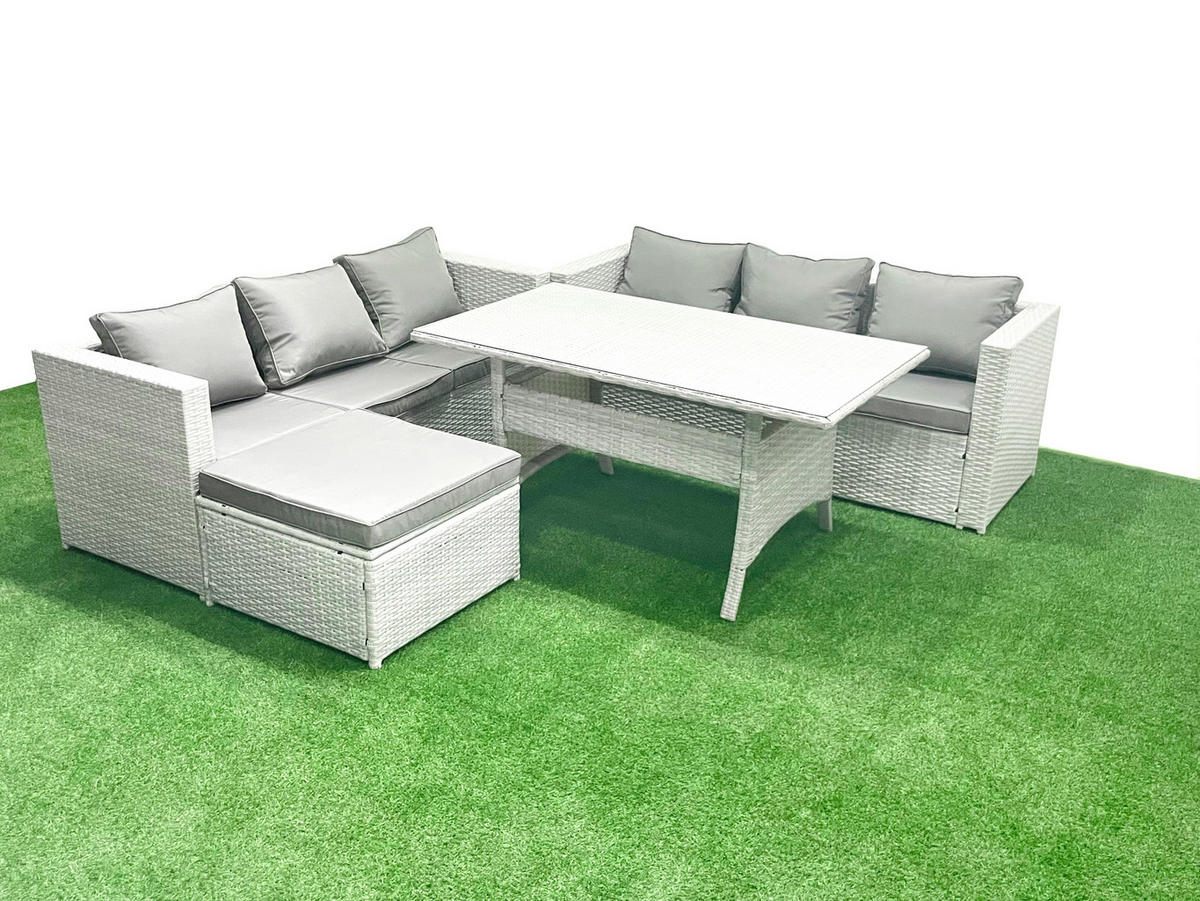 GARTENMÖBEL SET mit Esstisch Polyrattan Hellgrau 7-Sitzer - Hellgrau/Grau, Glas/Kunststoff - Fimous