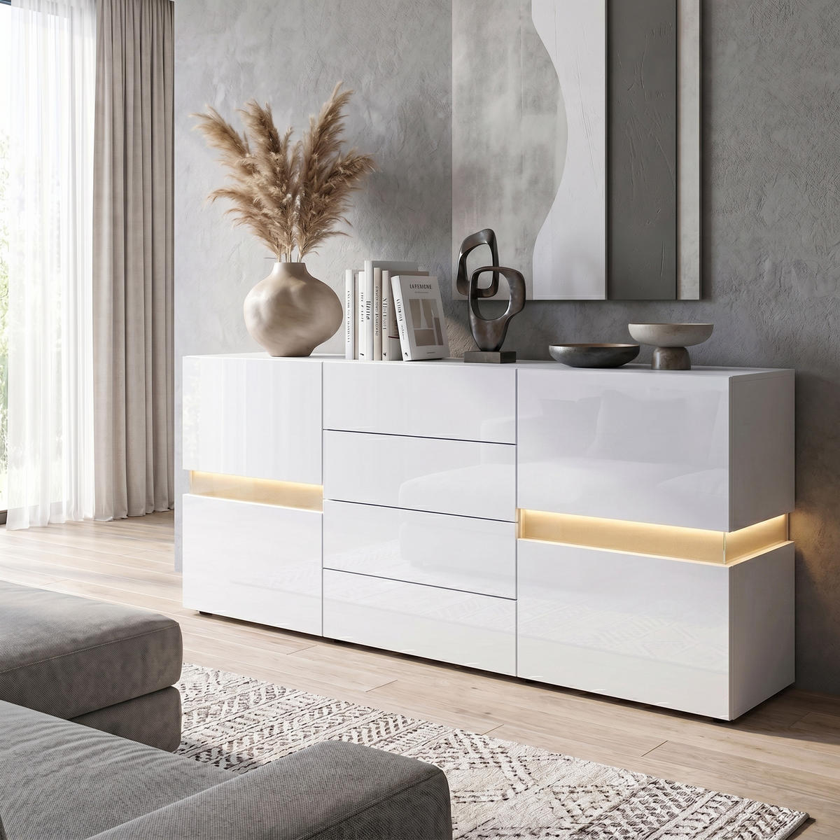 SIDEBOARD Flow Bijela visoki sjaj, uklj. LED rasvjeta (177 x 75 x 39 cm) - bijela visoki sjaj, drvni materijal (177/75/39cm) - Vladon