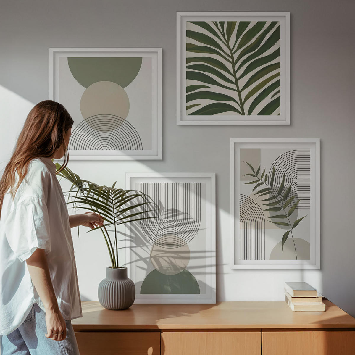 WANDBILDER 4er-Set - 50x50 cm & 40x60 cm Weißer Rahmen - Abstrakte Blätter im Boho-Stil - Weiß, Kunststoff (50/50cm) - ArtPrintCave