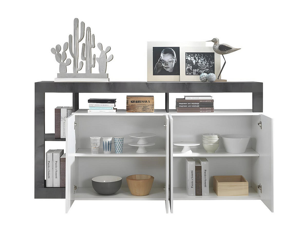 SIDEBOARD 4 Türen Frankfurt - L184 cm - Weiß/Grau, Holz (184/93/42cm) - Vente-Unique