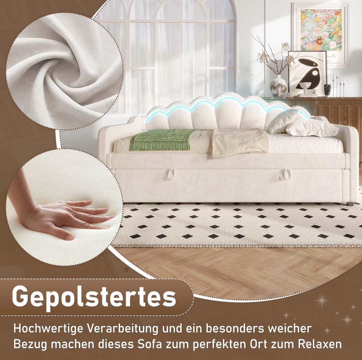 TAGESBETT 90/200 cm aus Samt mit hydraulischem Stauraum und LED-Beleuchtung, Beige - Beige, Textil (90/200cm) - Redom