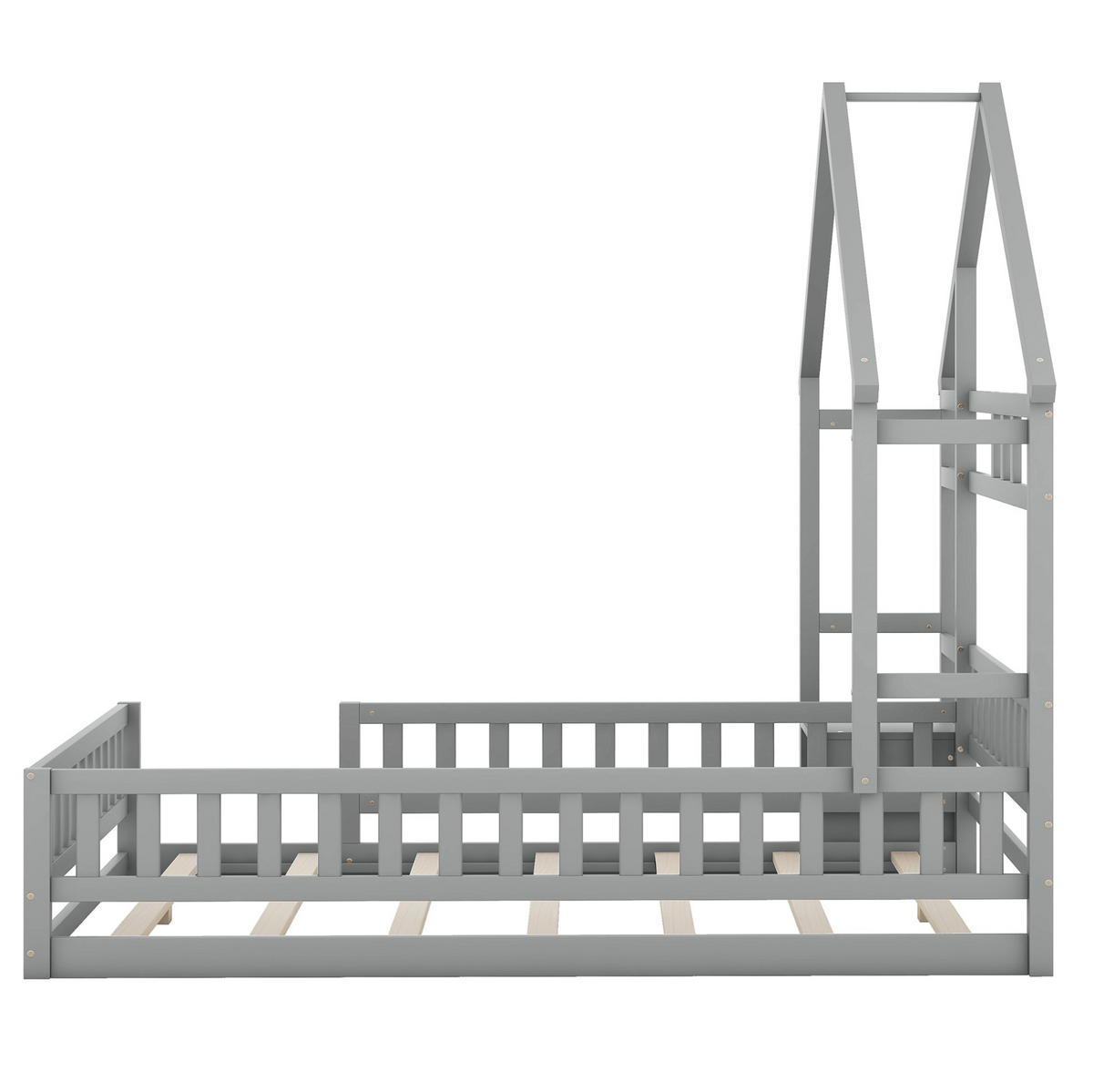 HAUSBETT 140/200 cm Grau aus Kiefernholz und MDF mit Geländer und Nachttisch - Grau, Holz (140/200cm) - OKMYHOME