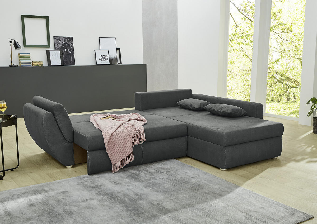ECKSOFA mit Schlaffunktion und Bettkasten, seitenverkehrt montierbar B272/T200/H88 cm, Liegefläche 128x224 cm, Mikrofaser Dunkelgrau / 15228 - Chromfarben/Dunkelgrau, Kunststoff/Textil (272/200cm) - luma-home