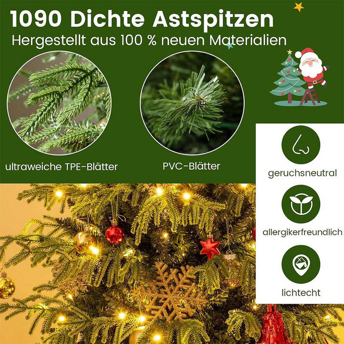 WEIHNACHTSBAUM mit 370 warmweißen LEDs 210cm Grün - Grün, Metall (210cm) - COSTWAY