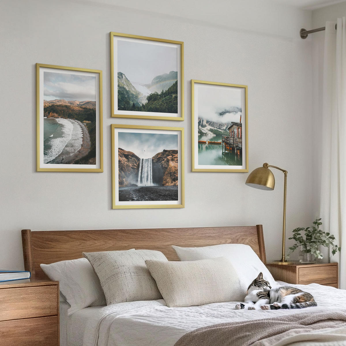 WANDBILDER 4er Set - 50x50 cm & 40x60 cm Goldrahmen - Bergstrände Wolken Wasser - Goldfarben, Kunststoff (50/50cm) - ArtPrintCave