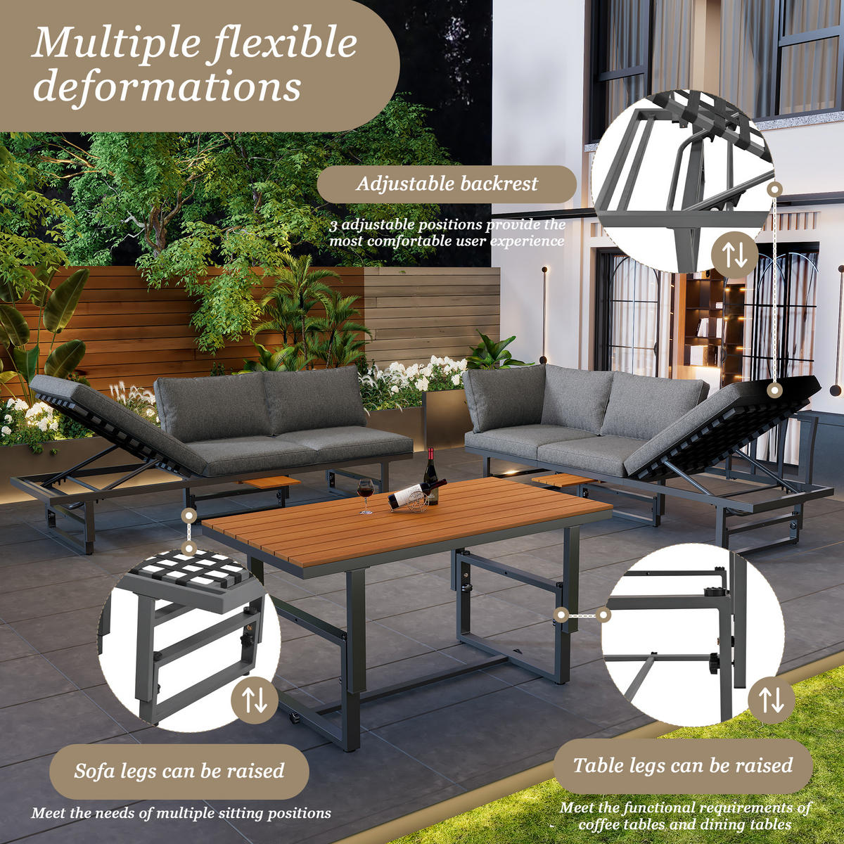 LOUNGEGARNITUR 3-teiliges Gartenmöbel-Set VERSTELLBARE RÜCKENLEHNE HÖHENVERSTELLBARER TISCH Akazienholz Grau für Terrasse - Grau, Metall - Rolipo