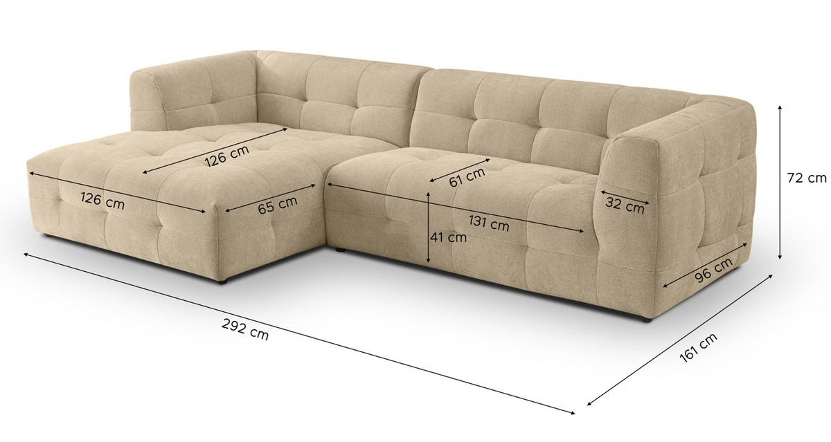 SOFA beige Webstoff 292 x 161 cm, Ecksofa 5-Sitzer, L-Sofa Ottomane links - Beige, Holz/Textil (292/161cm) - Inn.Furn